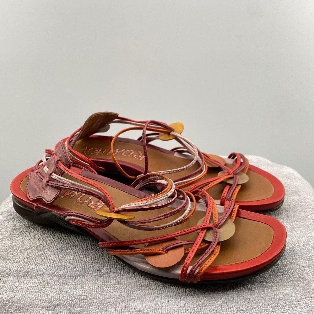 Romika Sandals Women's Size 39 USA 8.5 Leather Slip On Tan Burgundy Orange Pink